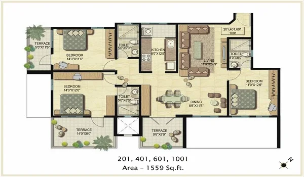 Prestige Rock Cliff 3 Bhk Apartment Floor Plan